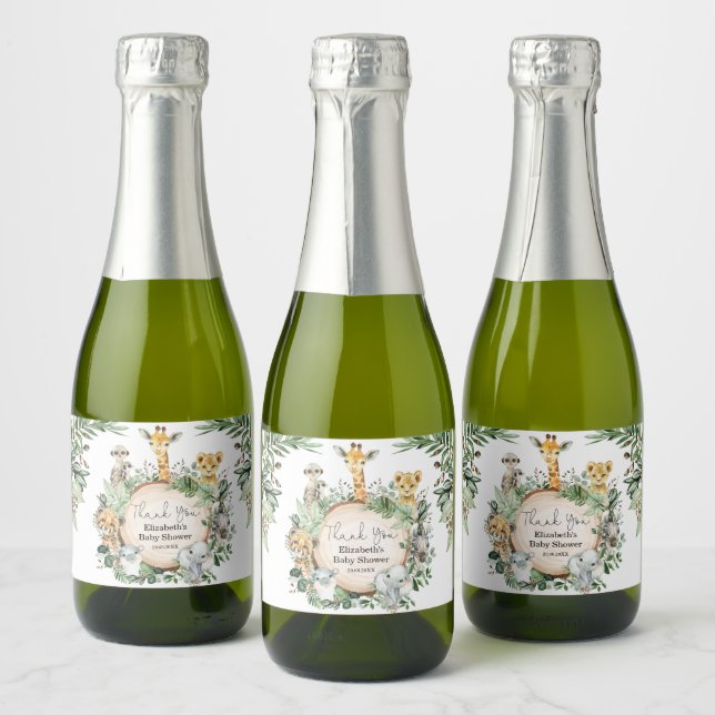 Rustic Wild Safari Baby Animals Jungle Greenery Sparkling Wine Label (Bottles)
