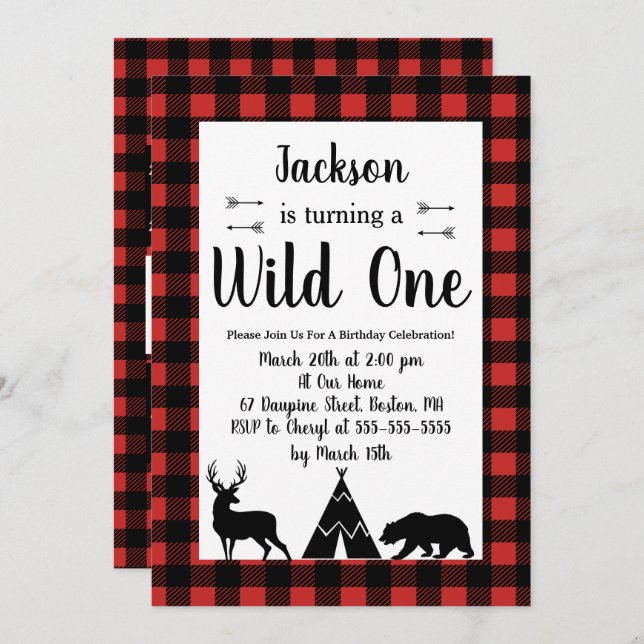 Rustic Wilderness & Animal Plaid Wild One Birthday Invitation (Front/Back)