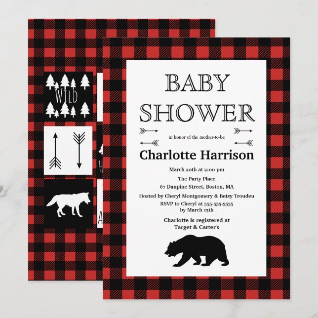 Rustic Wilderness & Animals Plaid Baby Shower Invitation (Front/Back)