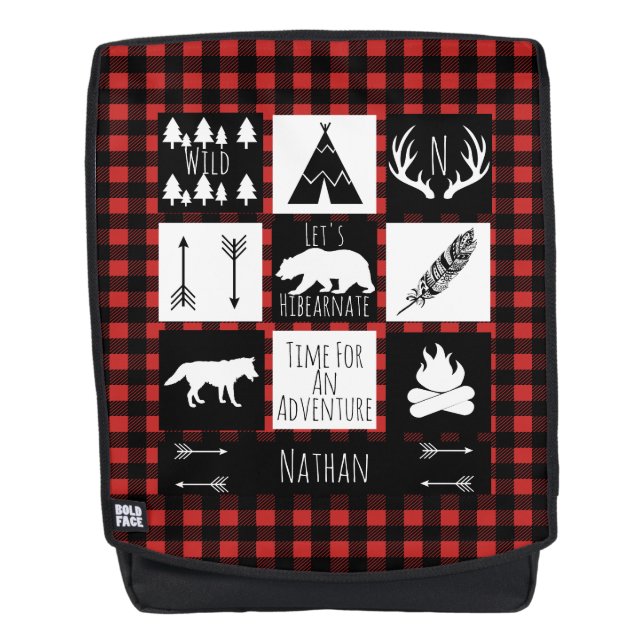 Rustic Wilderness Buffalo Check Plaid & Name Backpack (Front)