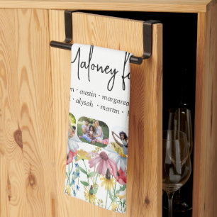 Rustic Wildflower 5 Photo Family Name First Names Tea Towel