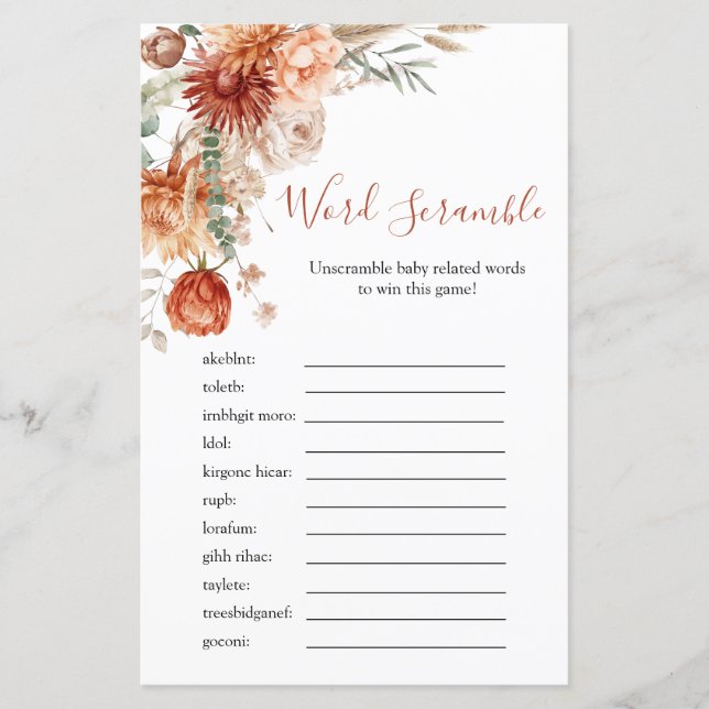 Rustic Wildflower Baby Shower Word Scramble Game (Front)