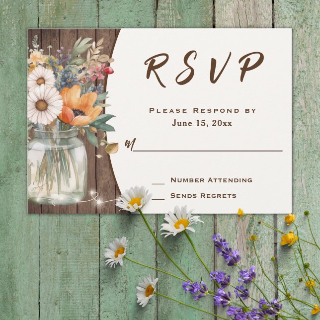 Rustic Wildflower Barn Wood Country Floral Wedding RSVP Card (Creator Uploaded)
