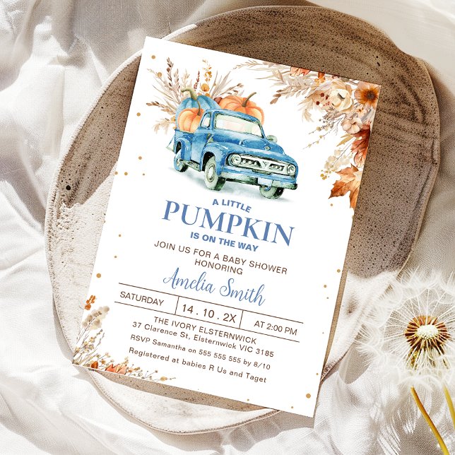 Rustic Wildflower Blue Pumpkin Truck Baby Shower Invitation (Fall Blue Pumpkin Truck Baby Shower Invitation Boy, boys Little Pumpkin Baby Shower Invite, Foliage)