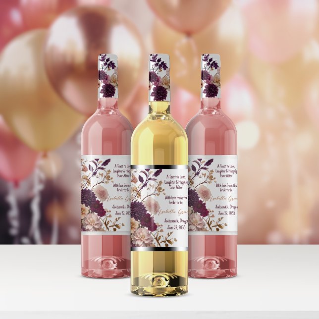 Rustic Wildflower Burgundy & Blush Bridal Shower Wine Label (Creator Uploaded)