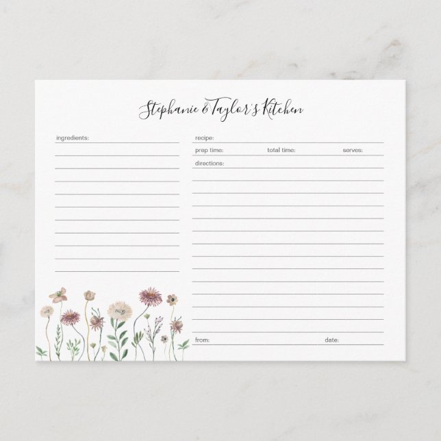Rustic Wildflower Editable Recipe Card template (Front)