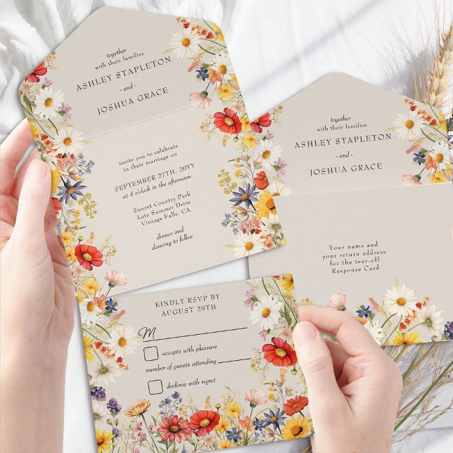 Rustic Wildflower Elegant Floral Wedding and RSVP All In One Invitation (Wedding Invitation with detachable RSVP Card - Rustic Wildflower Wedding Collection by Darling & May)