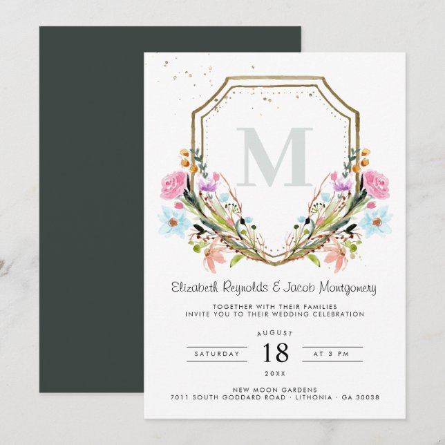 Rustic Wildflower Elegant Gold Crest Wedding Invitation (Front/Back)