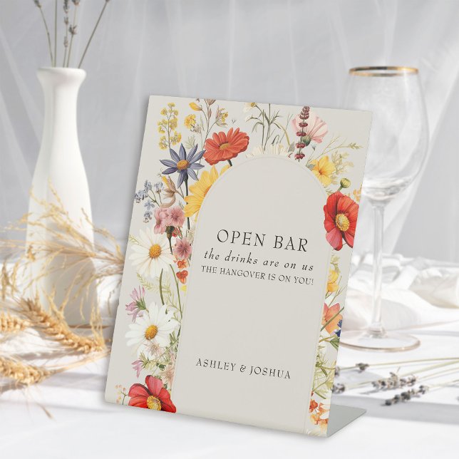 Rustic Wildflower Floral Arch Open Bar Wedding Pedestal Sign (Wedding Bar Sign from the Rustic Wildflower Wedding Collection by Darling & May)