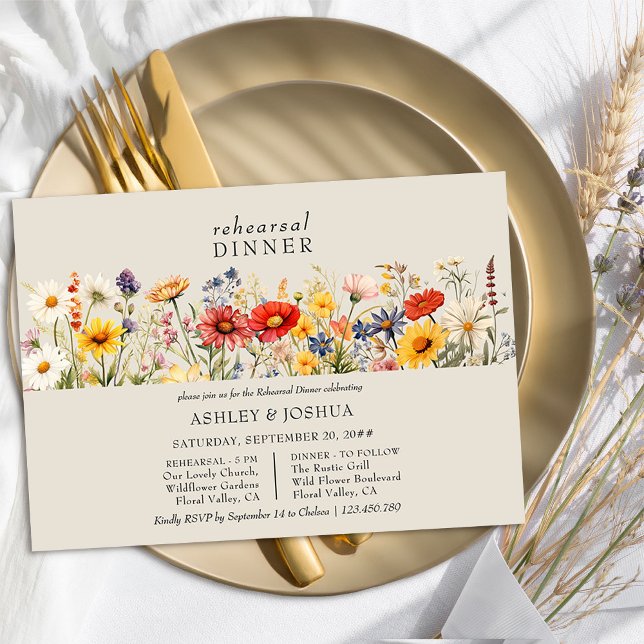 Rustic Wildflower Floral Wedding Rehearsal Dinner Invitation (Wedding Rehearsal Dinner invitation from the Rustic Wildflower Wedding Collection by Darling & May)