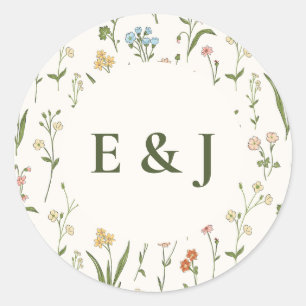 Rustic Wildflower Floral with Monogram Classic Round Sticker