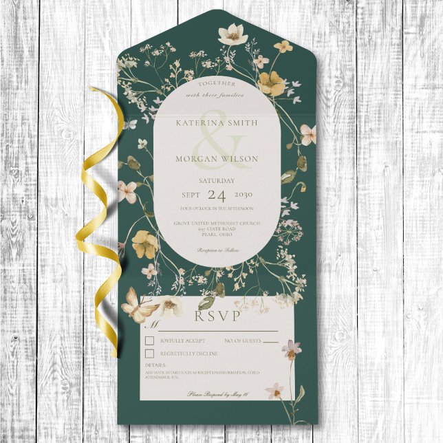 Rustic Wildflower Frame Emerald Green No Dinner All In One Invitation (Rustic Wildflower Frame Emerald Green No Dinner All In One Invitation)