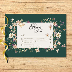 Rustic Wildflower Frame Emerald Green Three Dinner RSVP Card