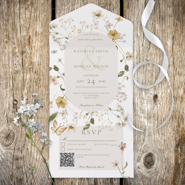Rustic Wildflower Frame White QR Code All In One Invitation (Also available without a QR code; with or without dinner selection options.)