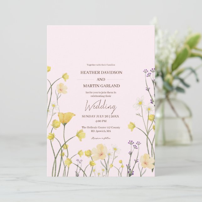 Rustic Wildflower Garden  pink blush Wedding  Invitation (Standing Front)