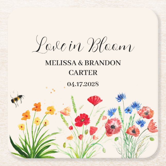 Rustic Wildflower Garden Spring Watercolor Wedding Square Paper Coaster (Front)