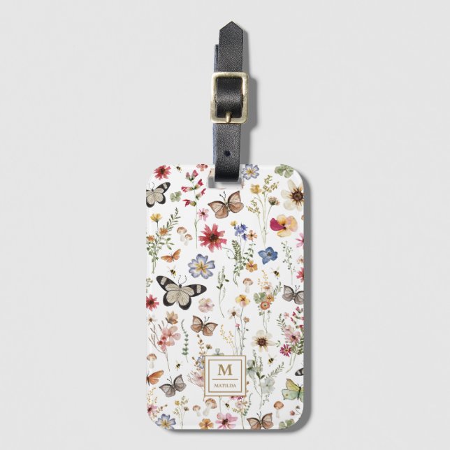 Rustic Wildflower Garden Vintage Butterflies Luggage Tag (Front Vertical)