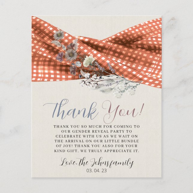 Rustic Wildflower Gender Reveal Thank you card. (Front)