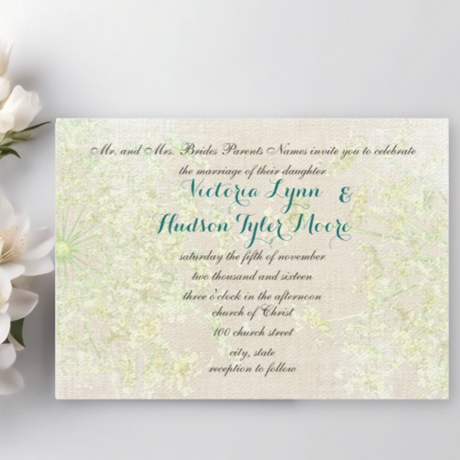 Rustic Wildflower Green and Teal Queen Annes Lace Invitation (Creator Uploaded)