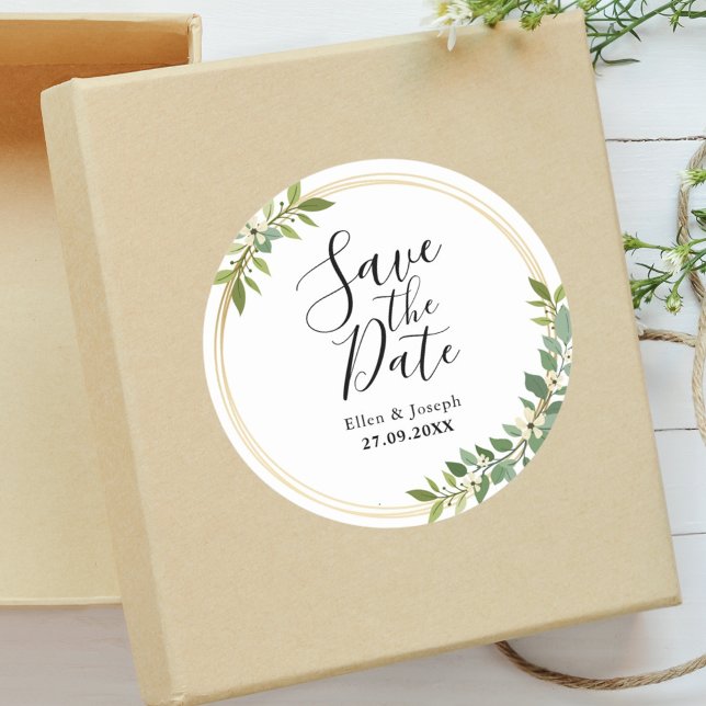 Rustic Wildflower Green Wedding Save The Date Classic Round Sticker (Creator Uploaded)