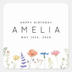 Rustic Wildflower Happy Birthday Name  Square Sticker