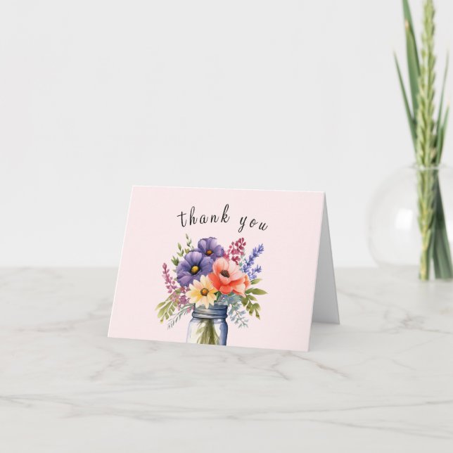 Rustic Wildflower Mason Jar Bridal Shower  Thank You Card (Front)