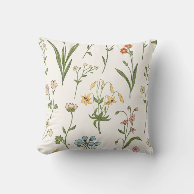 Rustic Wildflower Meadow Hand Drawn Multicolored Cushion (Front)