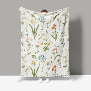 Rustic Wildflower Meadow Hand Drawn Multicolored Fleece Blanket