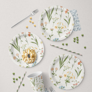 Rustic Wildflower Meadow Hand Drawn Multicolored Paper Plate