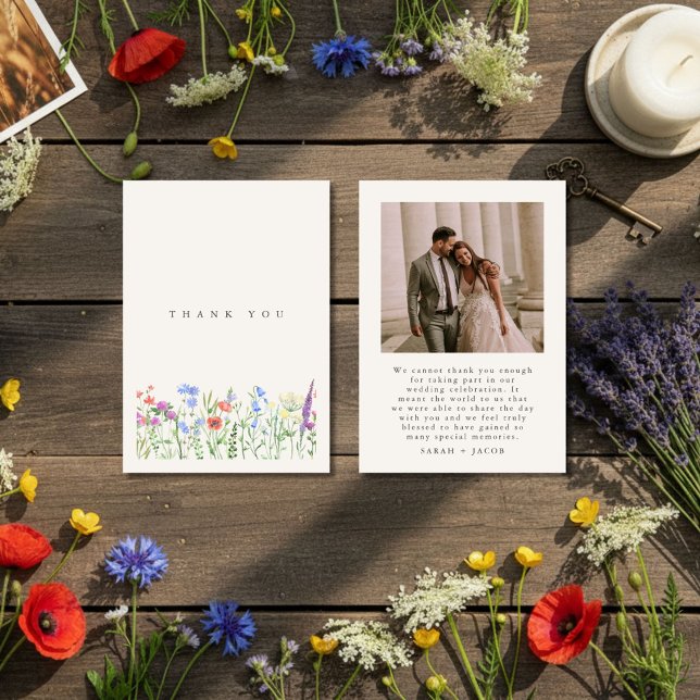 Rustic Wildflower Meadow Wedding Photo Thank You Card (Rustic Wildflower Meadow Wedding Photo Thank You Card)