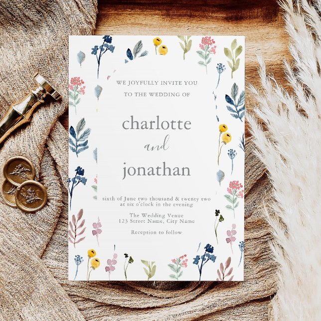 Rustic Wildflower Modern Calligraphy Wedding Invitation (Creator Uploaded)