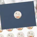 Rustic Wildflower Monogrammed Floral Wedding Classic Round Sticker<br><div class="desc">Rustic wildflower wedding stickers with bride and groom initials and elegant typography for your invitation envelope seals, favour stickers etc. The stickers have a floral border of vibrant vintage botanical wild flowers and detailed blooms in rich, warm earthy neutral tones. A gorgeous design with summer and fall colours of red...</div>