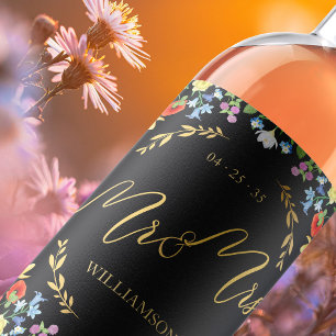 Rustic Wildflower Mr and Mrs Wedding Party Floral  Wine Label