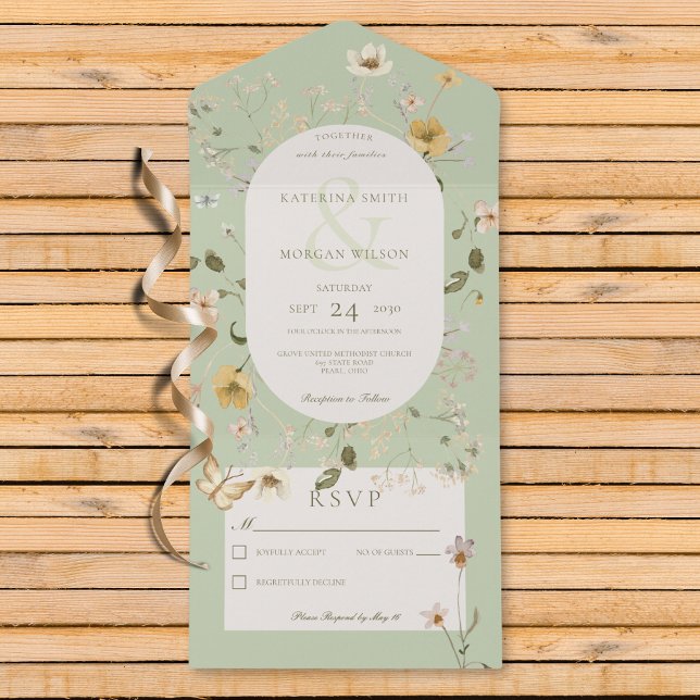 Rustic Wildflower Oval Frame Sage Green No Dinner All In One Invitation (Also available with a QR code or with dinner selection options.)