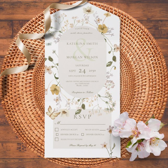 Rustic Wildflower Oval Frame White Dinner All In One Invitation (Also available with a QR code or without dinner selection options.)