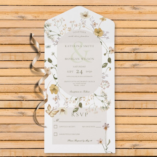 Rustic Wildflower Oval Frame White No Dinner All In One Invitation (Also available with a QR code or with dinner selection options.)