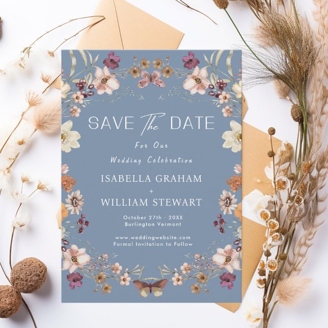 Rustic Wildflower Periwinkle Boho Save The Date Invitation (Creator Uploaded)
