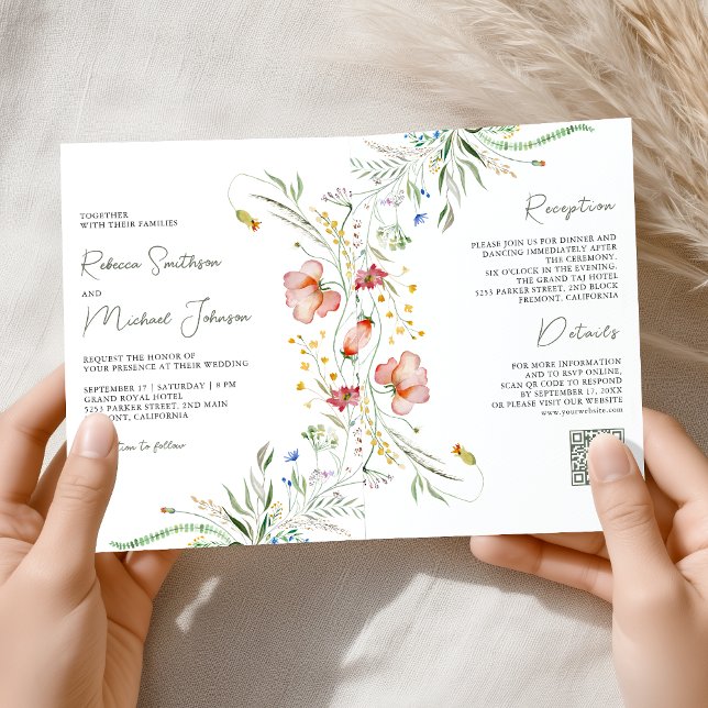 Rustic Wildflower Photo Collage QR Code Wedding Invitation (Creator Uploaded)
