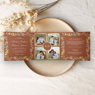 Rustic Wildflower Photo Collage Terracotta Wedding Tri-Fold Invitation