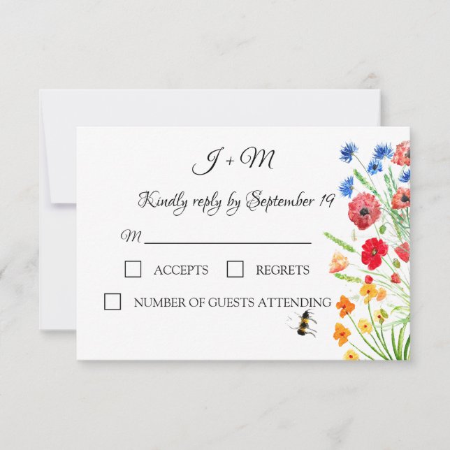 Rustic Wildflower Poppies Cornflowers Wedding RSVP Card (Front)