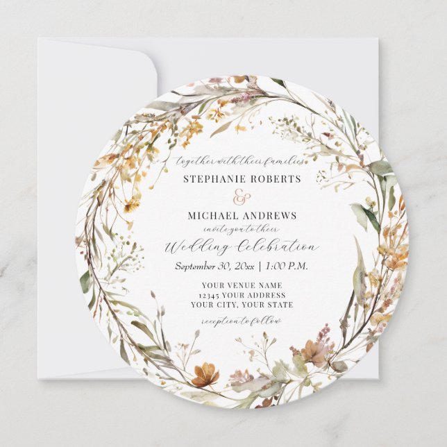 Rustic Wildflower Round Fall Autumn Flower Wedding Invitation (Front)