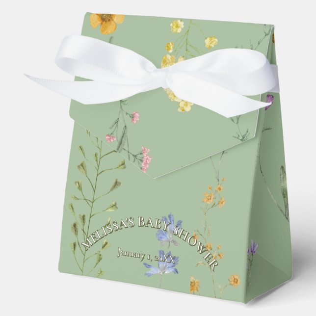 Rustic wildflower sage green baby shower favour box (Front)