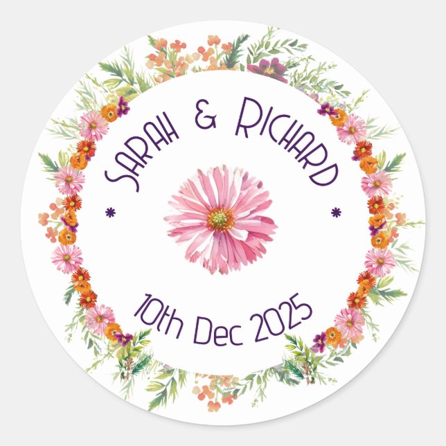 Rustic Wildflower Spring Wedding, Romantic Garden  Classic Round Sticker (Front)
