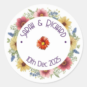 Rustic Wildflower Spring Wedding, Romantic Garden Classic Round Sticker