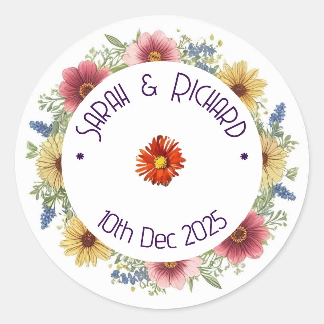Rustic Wildflower Spring Wedding, Romantic Garden  Classic Round Sticker (Front)