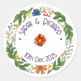 Rustic Wildflower Spring Wedding, Romantic Garden Classic Round Sticker