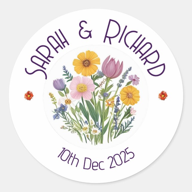 Rustic Wildflower Spring Wedding, Romantic Garden  Classic Round Sticker (Front)