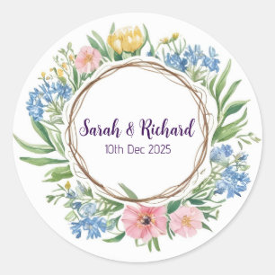 Rustic Wildflower Spring Wedding, Romantic Garden Classic Round Sticker