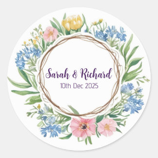 Rustic Wildflower Spring Wedding, Romantic Garden Classic Round Sticker