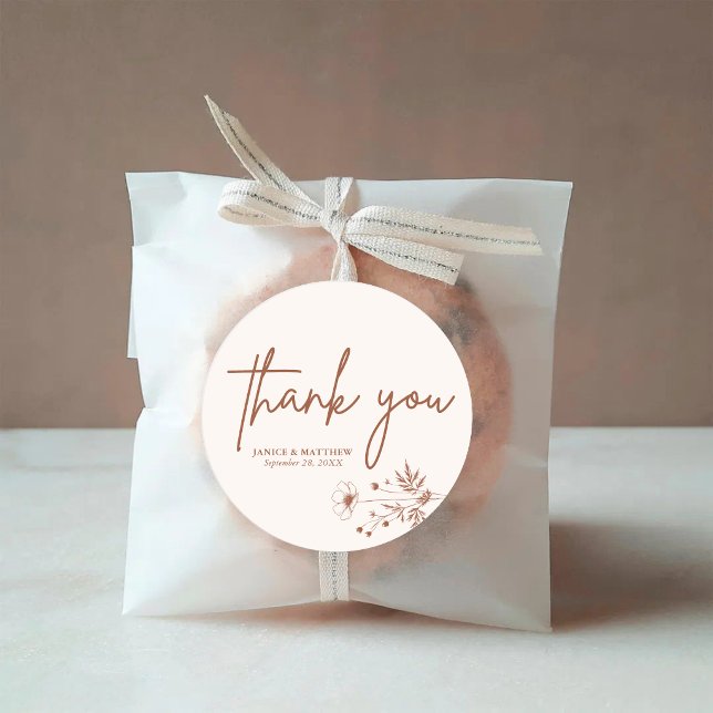 Rustic Wildflower Terracotta Boho Wedding Classic Round Sticker (Rustic wildflower terracotta round sticker adds boho charm to personalized wedding details.)